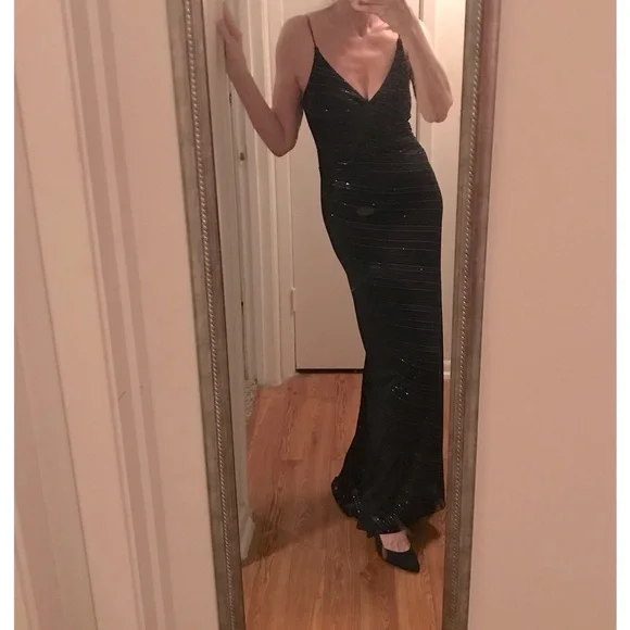 BLACK FORMAL EVENING MAXI DRESS City Triangles body con sparkly spaghett… - Picture 3 of 8